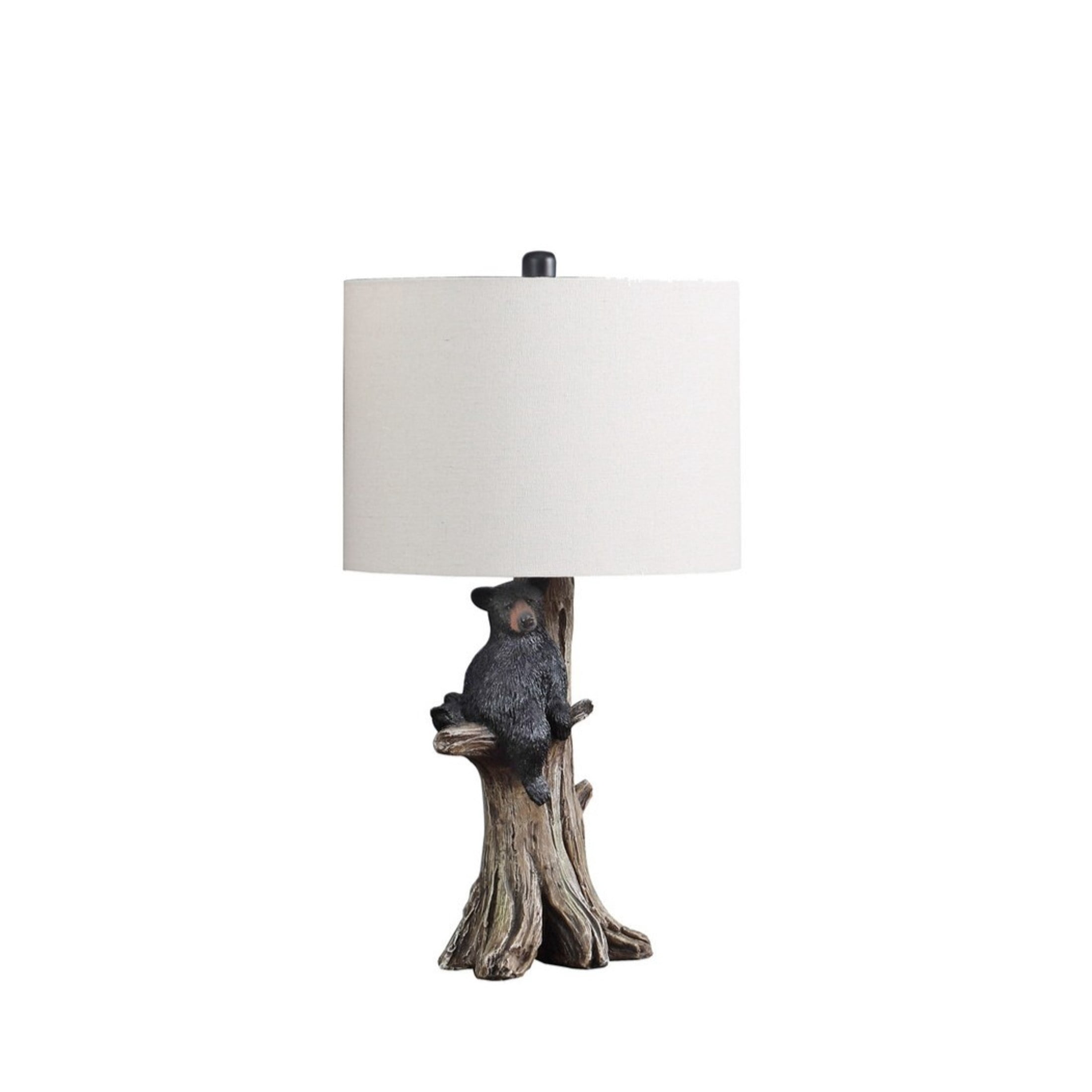 Noble House 24.75" Black Bear on Tree Table Lamp, Polyresin Figurine, Beige Drum Shade, E26 Light Bulb, Multicolor