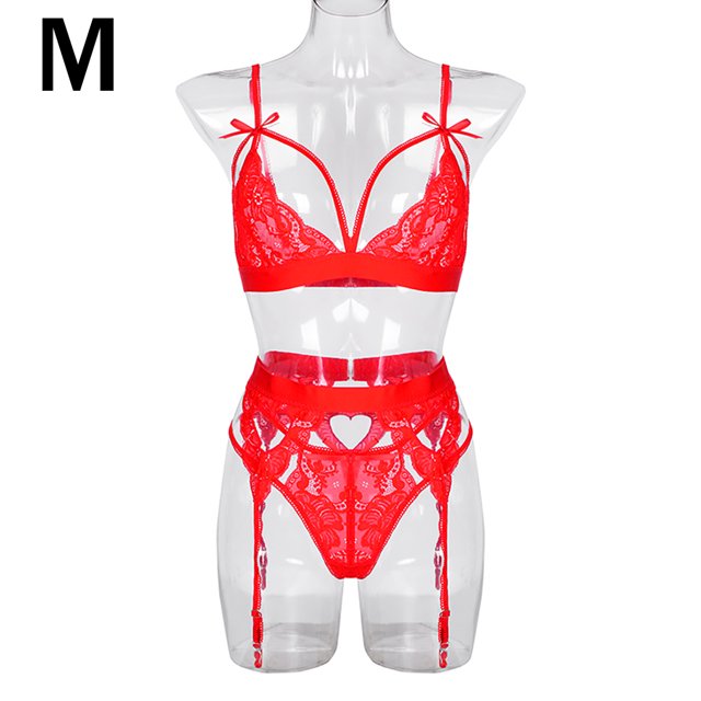 Conjunto de ropa interior de encaje floral de 3 piezas para mujer, sujetador sexy, bragas, liguero, rojo, M AweSitey XX000052-10