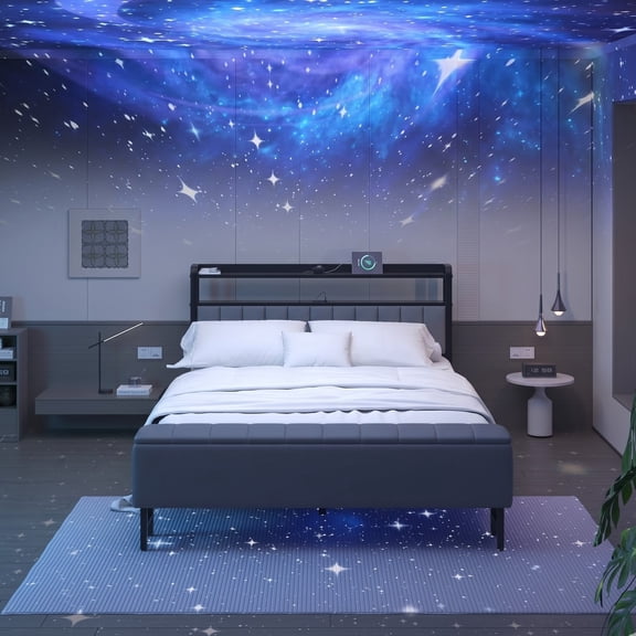 Bed Frame Full Size with Starry Sky Lights and Charging Station, Upholstered Platform Bed with Storage Ottoman, Gray