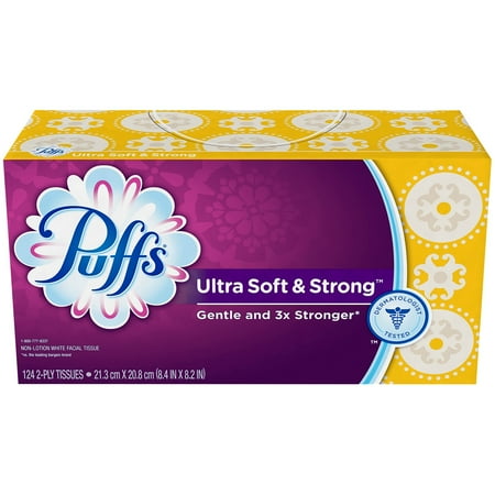 Puffs Ultra Soft & Strong Non Lotion Facial Tissues, White, 124 Sheets/Box