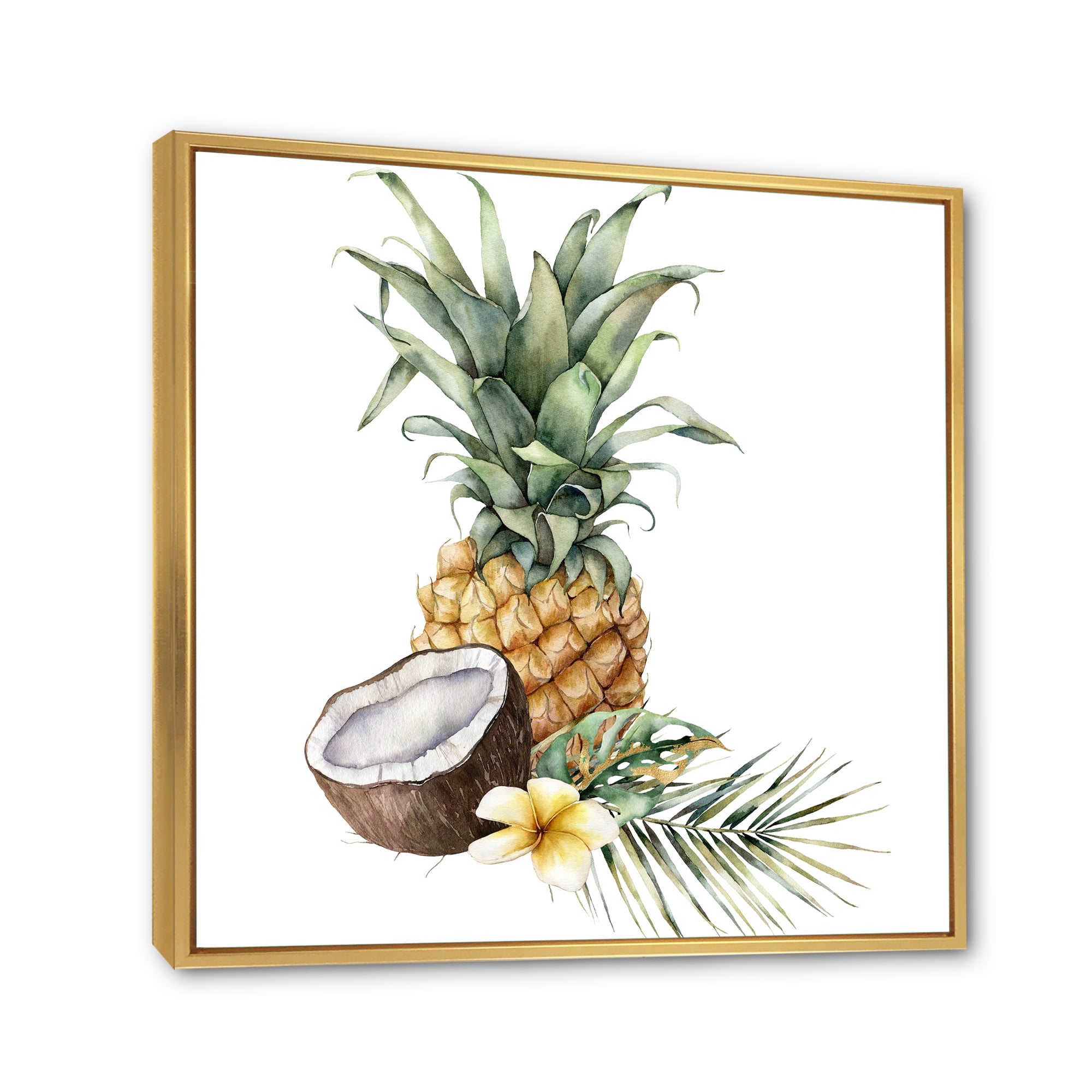 Designart 'Pineapple With Plumeria Coconut and Palm Leaves' Traditional Framed Canvas Wall Art Print