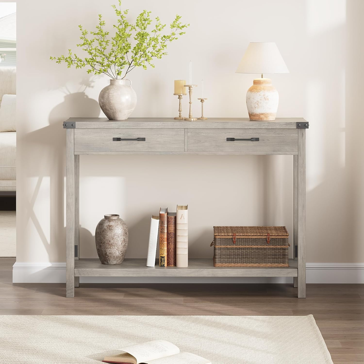 43" Farmhouse Entryway Table, Rustic 2-Tier Wood Console Table with Shelf, Sofa Table for Living Room, Hallway, or Foyer, Grey