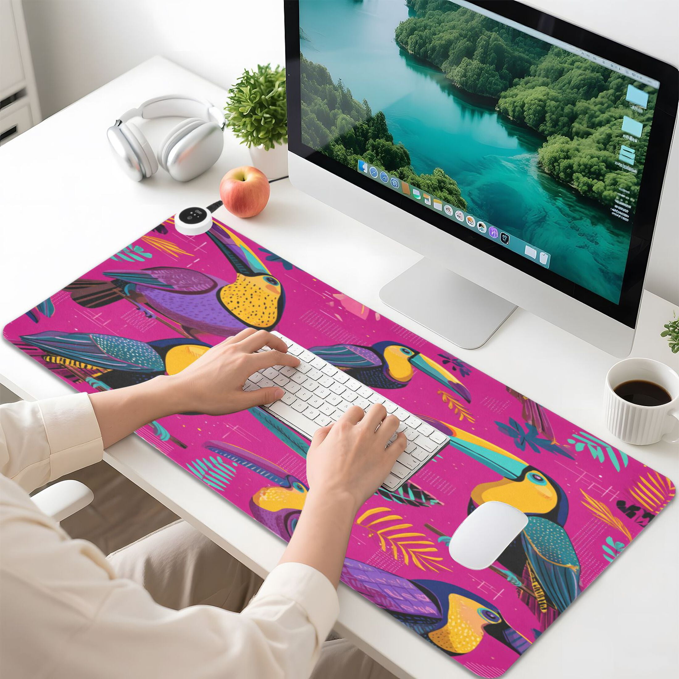Large Heated Desk Mat Mouse Pad 31.5"x13"PU Leather Graphene Heating Desk Warmer with 3 Temperature Settings 110V US Plug Non-Slip Warm Pad for Home, Office, and Gaming Toucan in The Pink Jungle