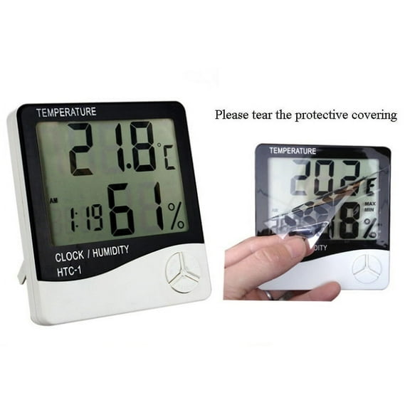 EQCOTWEA Indoor Digital LCD Temperature Humidity Meter Clock Thermometer White
