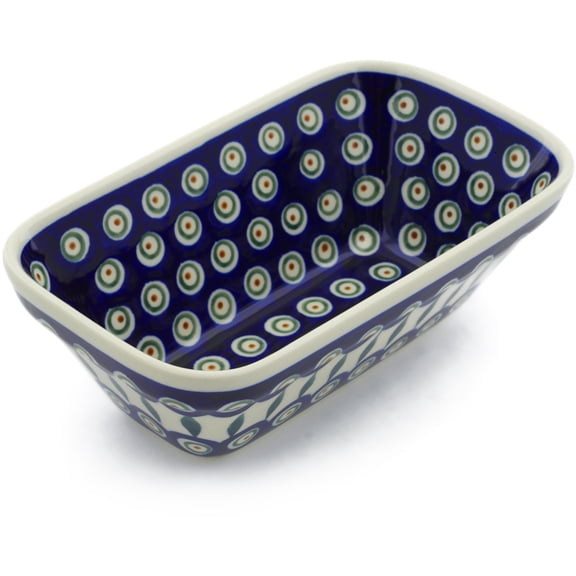 Polish Pottery 8¼-inch Rectangular Baker (Peacock Leaves Theme) Hand Painted in Boleslawiec, Poland   Certificate of Authenticity