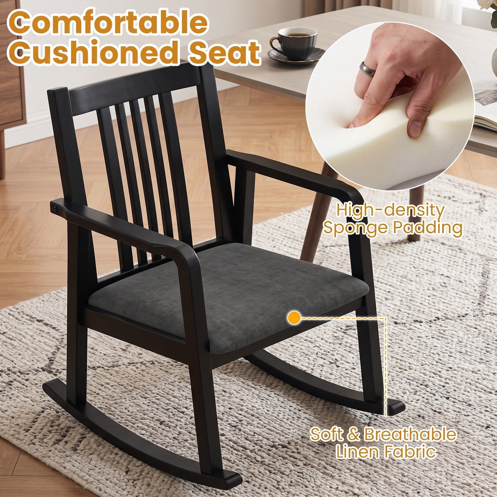Furnibear Rocking Chair with Slatted Back, Curved Armrests and Soft Padded Fabric Seat for Living Room, Bedroom and Nursery, Black