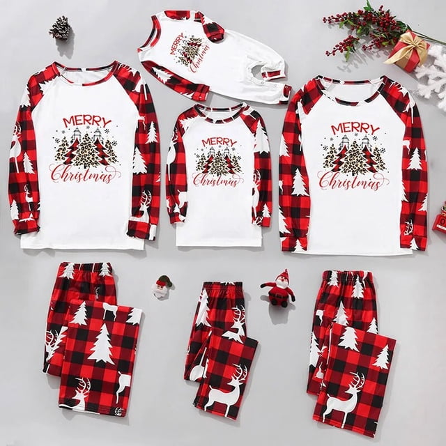2023 New Christmas Parent-child Matching Clothes Santa Tree Pattern Pajamas Set Soft Casual 2 Pieces Sleepwear Xmas Family Look