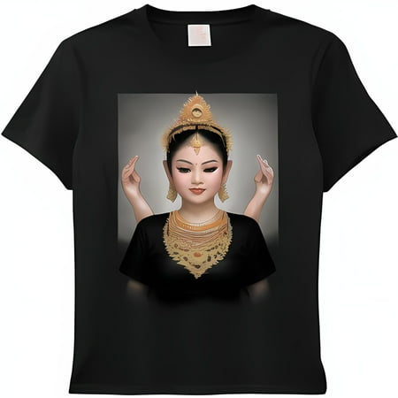 Thai Elegance: Digital Art Print of Traditional Thai Girl on Black T-Shirt Gold Jewelry Headdress