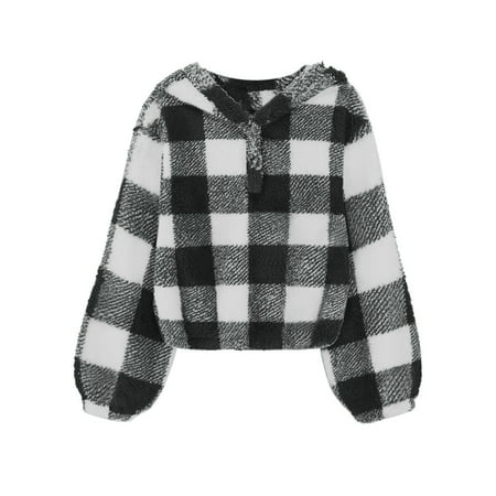

APEXFWDT Kids Girl s Fuzzy Hoodies Plaid Pattern Warm Pullover Sherpa Top Baby Loose Casual Long Sleeve Sweatshirt