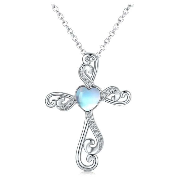 Coachuhhar Cross Necklace 925 Sterling Silver Heart Moonstone/Turquoise Pendant Necklace Cross Jewelry Gifts for Women