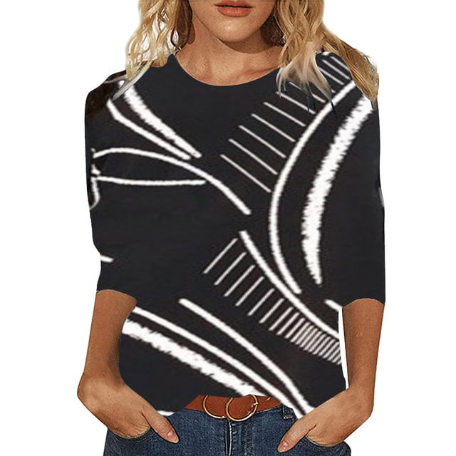 IROINID Deals Womens Plus Size Tops Spring Printed Mid-length Sleeves Round Neck Lounge Tee Tops,Black