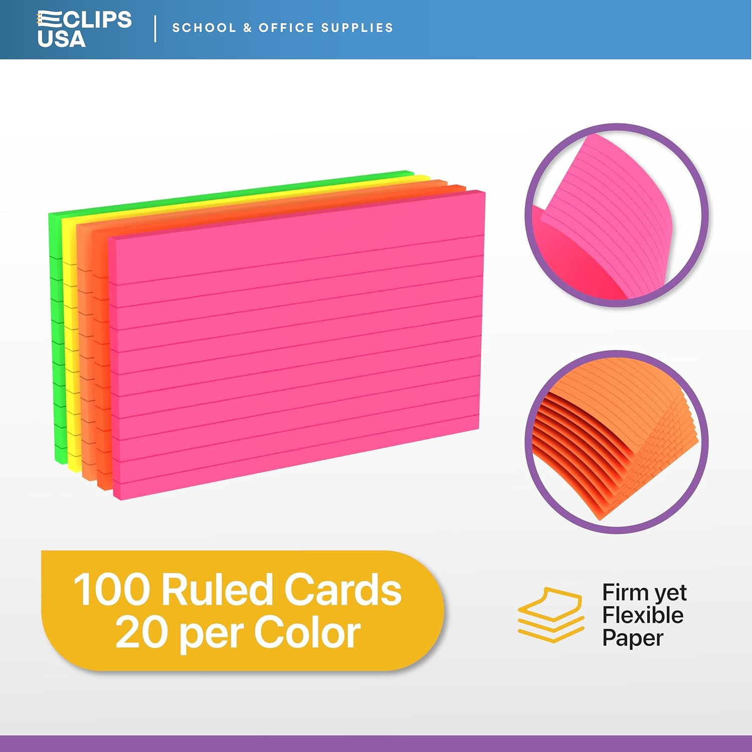 E-Clips USA 3” x 5” Index Cards Assorted Neon Flashcards, 12-Pack (100 Cards Per Pack)