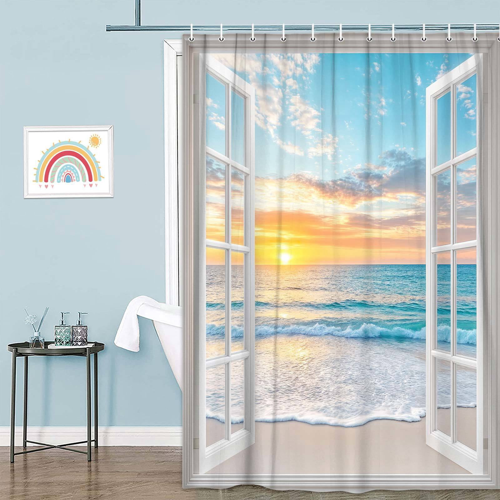 Beach Ocean Shower Curtain, White Door Windows Summer Bathroom Curtain Set, Hawaiian Sunrise Scenery Sea Wave Printed Bathroom Decor Fabric Polyester Waterproof 12 Pack Hooks,60X70in