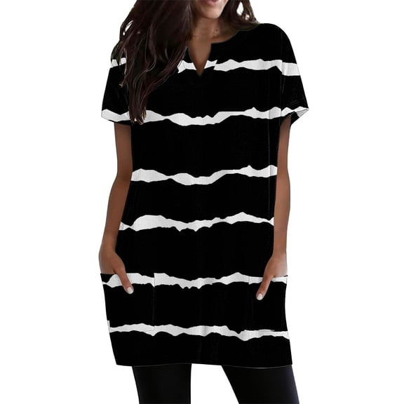 Duoif Women's Casual V Neck Short Sleeve Dress Loose Fit T Shirt Dress with Pockets Black L