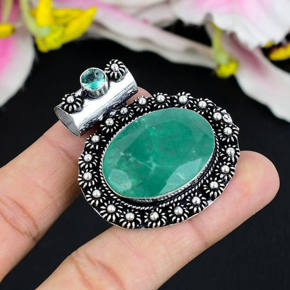 Green Jade, Tourmaline Gemstone 925 Sterling Silver Jewelry Pendant 1.81"