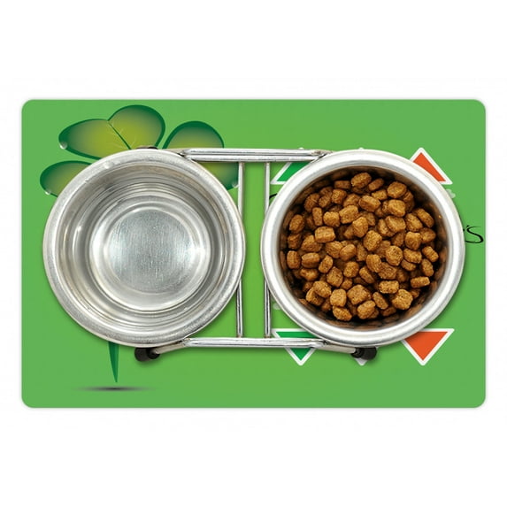 St. Patrick's Day Pet Mat for Food and Water, March 17th Celebration Large Shamrock Clover Leaf Flags Art, Non-Slip Rubber Mat for Dogs and Cats, 18" X 12", by Ambesonne