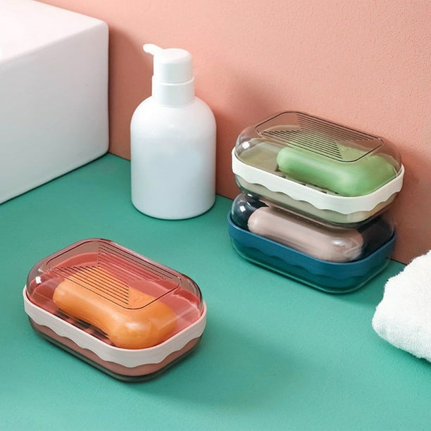 Jabonera de Plástico con Tapa y Bandeja de Drenaje - Recipiente para Jabón En Barra de Encimera para Baño o Viajes - Azul Oscuro, Rosa, Beige - 13 X 8,7 X 5,4 Cm