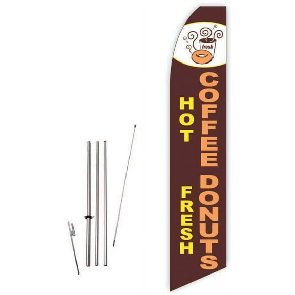 Hot Coffee Fresh Donuts Brown Super Novo Feather Flag - Complete with 15ft Pole Set and Ground Spike