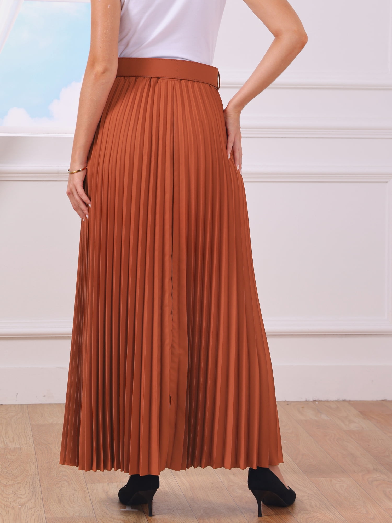 DARING DIVA Women's Elegnat Elastic High Waist Flowy A-Line Maxi Skirt S Reddish Brown