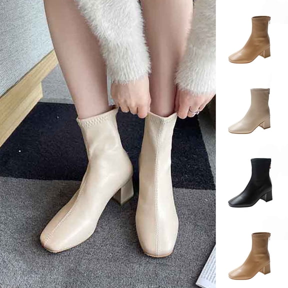 Womens Square Toe Ankle Boots, Back Zipper Chunky Mid Block Heel Soft Leather Dress Booties Walking Boots Khaki 7.5(40)