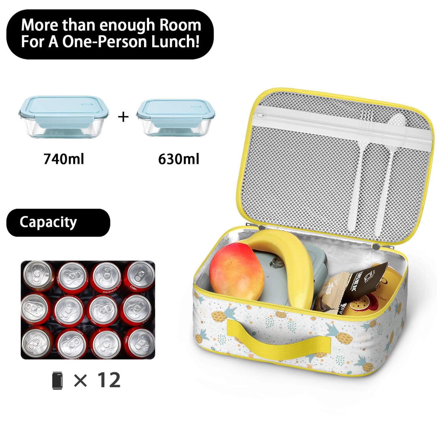 Durable Insulated Lunch Tote Featuring Pineapple Hawaiian Hawaii Tropical Fruit Summer Yellow Golden Exotic Pattern Print Aesthetic Pineapple Lover Sunshine Flowers Fresh Plant Prints – Lightweight L
