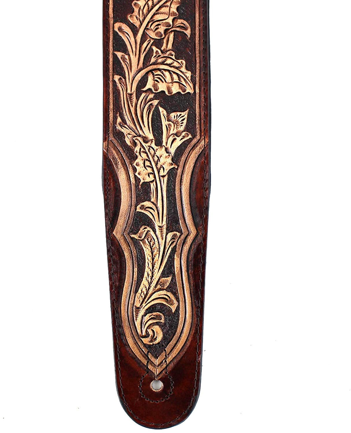 Walnut Brown Carving Leather Padded Guitar Strap With Hand Carved Traditional Western Tooling WW-KH-02-BRN