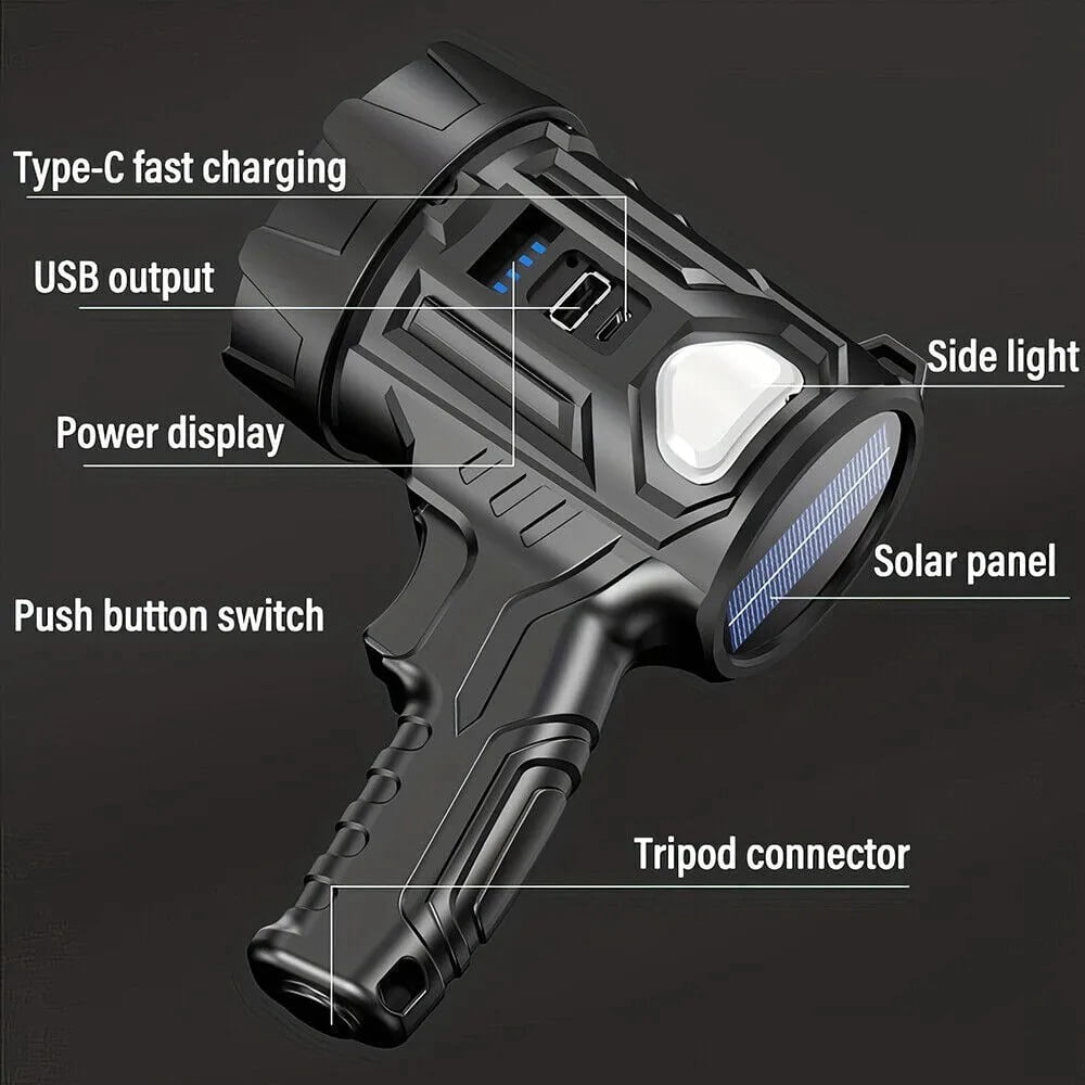 2PCS Super Bright Solar/USB Rechargeable LED Spotlight Flashlight Searchlight, Durable, Waterproof, Multi-Purpose