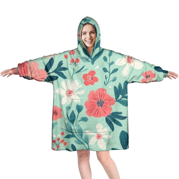 Wearable Oversized Blanket,Pioneer Flower Floral Print Pattern Wearable Blanket Hoodie for Adults,Cozy Hooded Blankets with Super Pockets,Super Warm Fuzzy Pullover for Women & Men