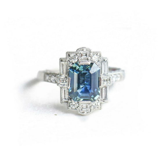 Jewelerix Unique Emerald Cut Ring 14K Blue Moissanite Diamond Engagement Ring Wedding Anniversary Gift