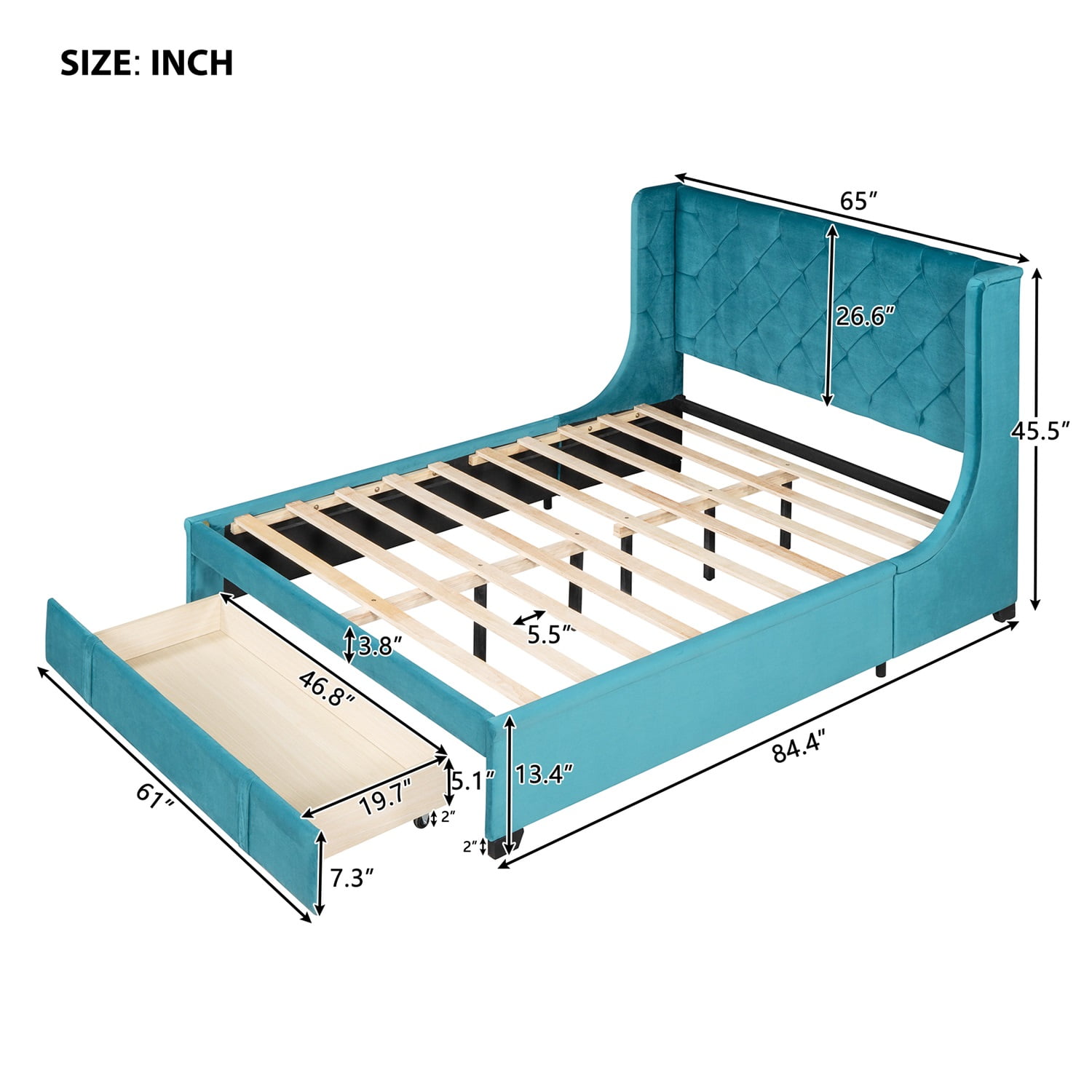 Kadyn Upholstered Platform Bed Frame with Wingback Headboard / Mattress Foundation / Wood Slat Support / No Box Spring Needed / Easy Assembly, Queen&Blue