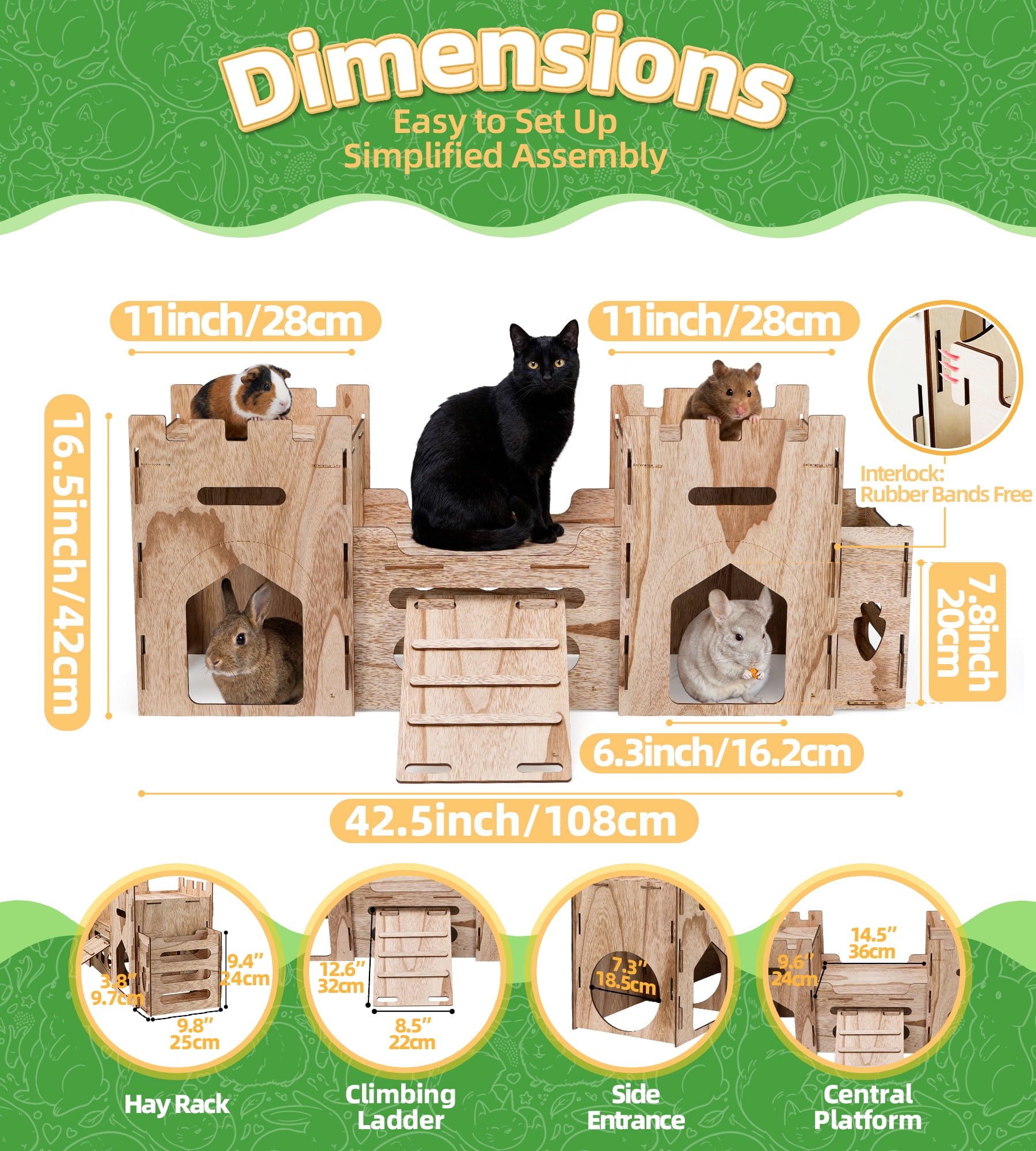 HIIMALEX Extra Large Bunny Castle with Hay Feeder Anti-slip Ramp Multistory Hideout House for Rabbit Guinea Pig Chinchilla Ferret (T1T)