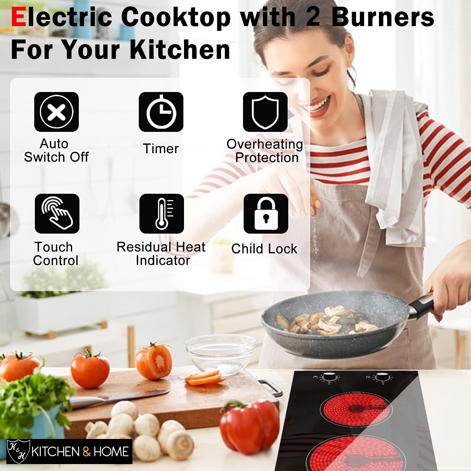 K&H German Designed 2 Burner Dual 12 Inch Built-in Electric Stove Top Radiant Ceramic Kitchen Cooktop Knob Control 240V 3000W KCN-3002K
