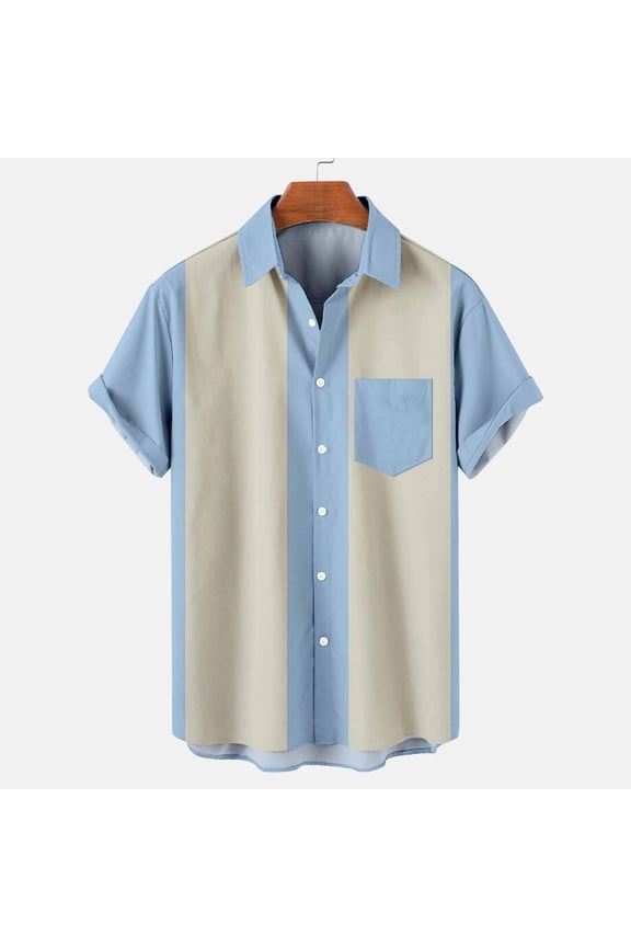 Men's Bowling Shirts Vintage 1950S Short Sleeve Button-Down Shirt Summer Rockabilly Style Color Block Cuban Shirts