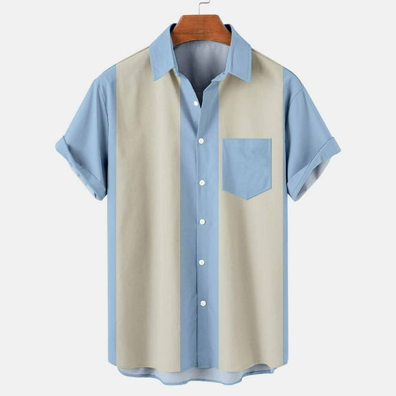 Men Vintage Hawaiian Shirts Striped Short Sleeve Shirts Patchwork Button Down T Shirt Loose Fit Lapel Pocket Shirt