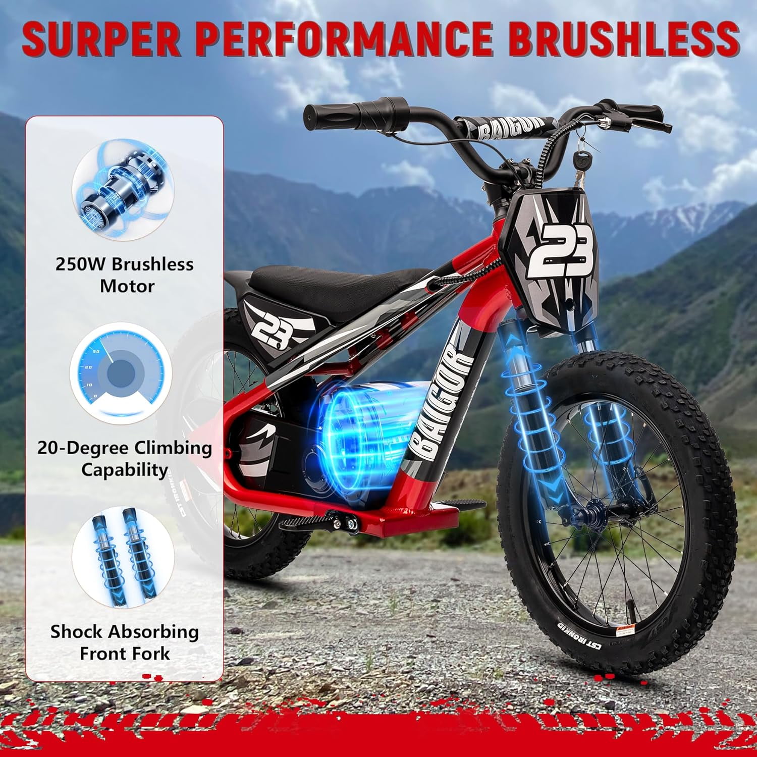 NEORIVER Electric Dirt Bike for Kids 6-12 with Shock-Absorbing Front Fork, 250W Electric Motorcycle Up to 15.5MPH, 24V Detachable Battery, 16'' Tire Electric Balance Bike with Kickstand