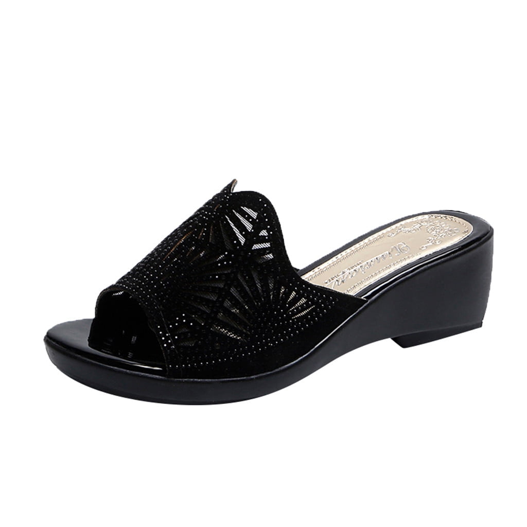 Alueeu ladies shoes casual Summer Women's Shoes Wedge Thick Slippers Mesh Rhinestone Mother' Sandals Black 41 Walmart.com