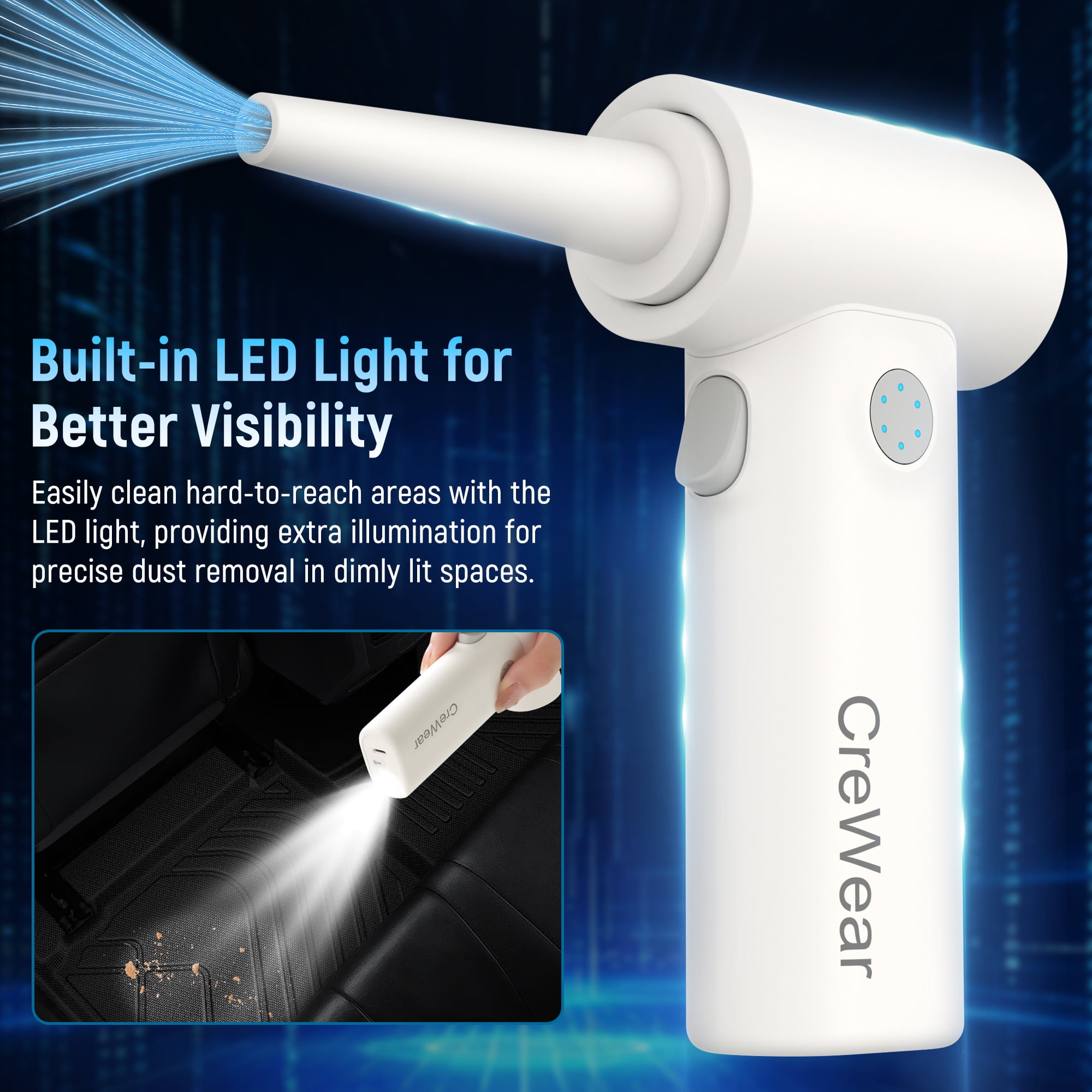 CreWear 2-in-1 Compressed Air Duster and Mini Vacuum, 11000 RPM Cordless Rechargeable Electric Blower with LED Light for Keyboard, Computer and Car