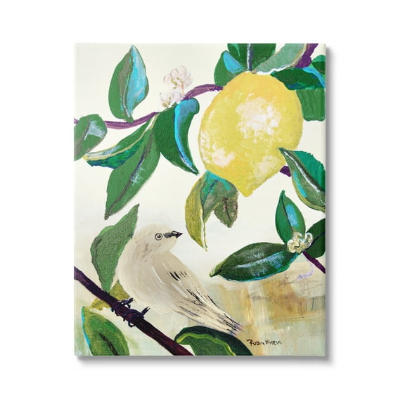 Stupell Industries Vivid Yellow Lemon Citrus Fruit Bird Perched Painting Gallery Wrapped Canvas Print Wall Art, Design by Robin Maria