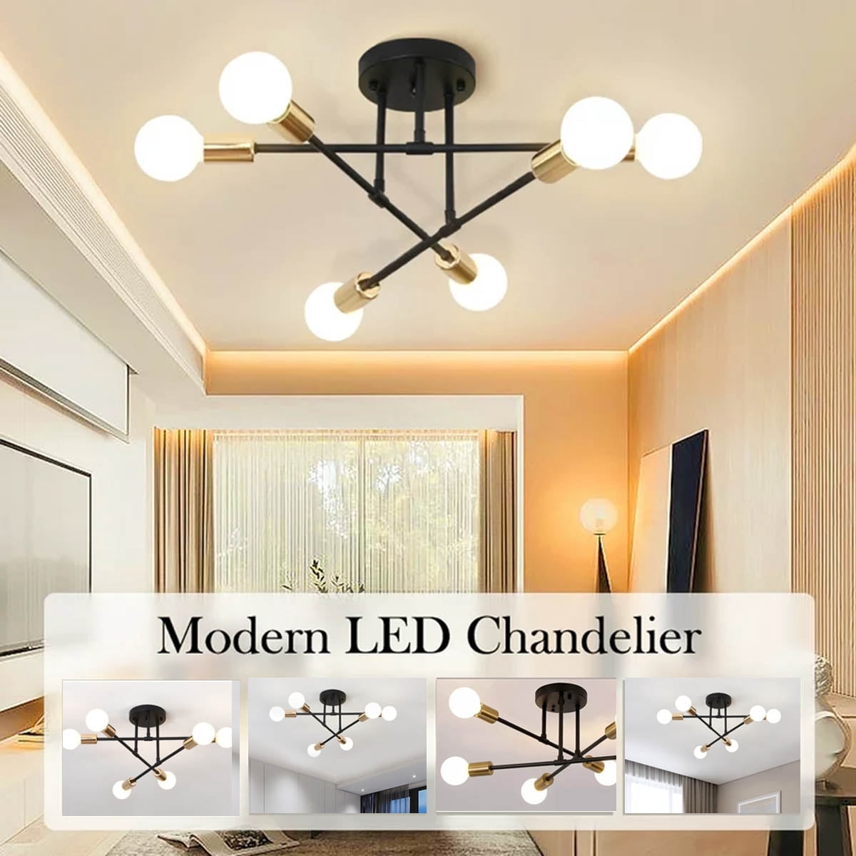 IFCOW 6-Lights Modern Mid Century Sputnik Chandelier, Semi Flush Mount Ceiling Light Fixture for Living Room Dining Room Kitchen Chandelier