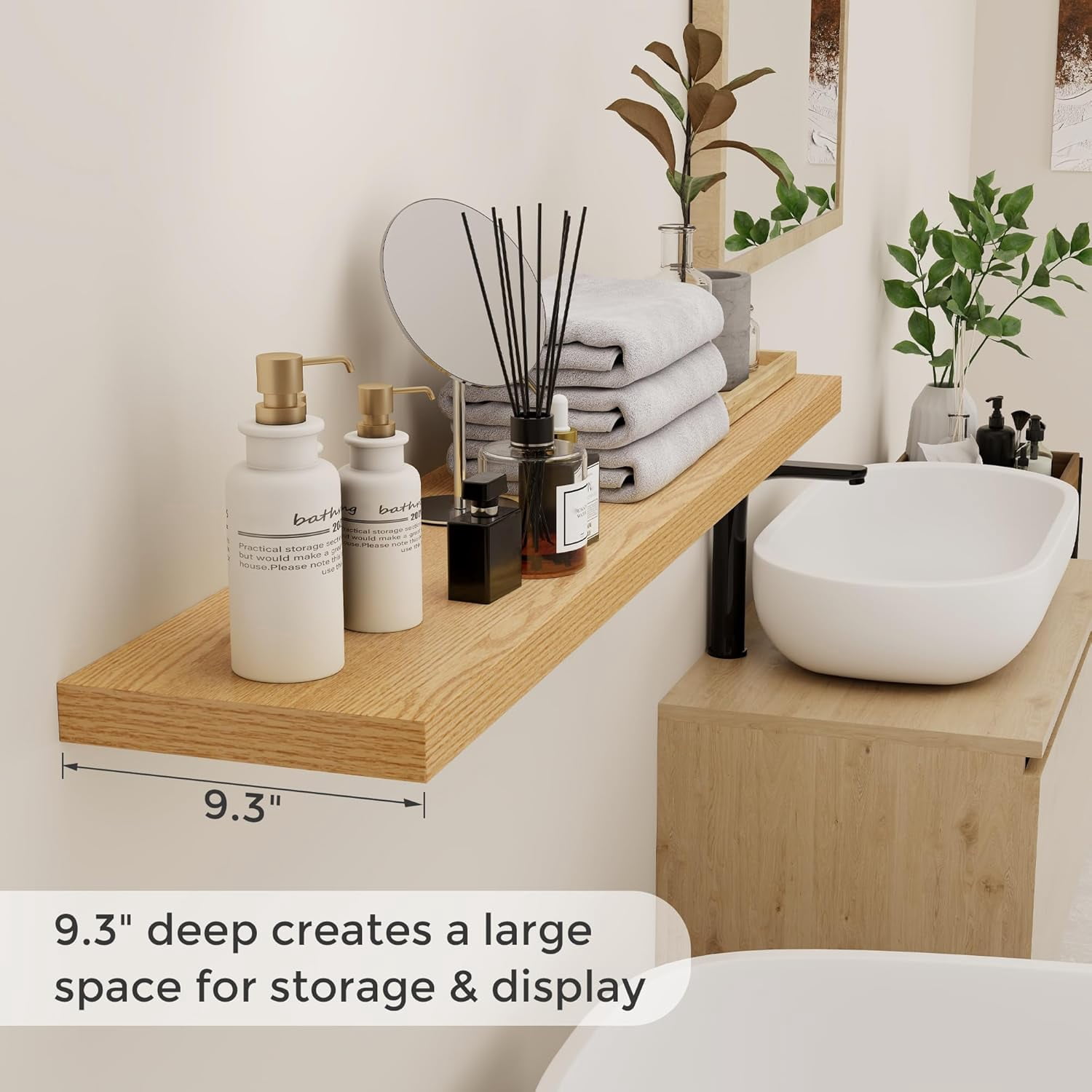 Floating Shelves 48 Inch Long, 9.3 Inch Deep Wall Shelf for Fireplace Mantel, Rustic Farmhouse Wooden Shelves for Wall Decor Bathroom, Kitchen, Office, Oak Color, Set of 1