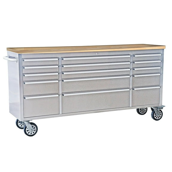 Danolapsi 72" Rolling Tool Chest with 15 Drawers,Heavy-Duty Steel & Rubber Wood Workbench on Wheels, Garage Workbench with Key Locking System, Drawer Liners for Warehouse Repair Shop