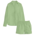 thumbnail image 5 of ibiyuan Women'S 2 Piece Outfits Women's Casual Spring Fashion Set Long Sleeve Shirt and High Waist Drawstring Shorts Solid Two Piece Outfit, 5 of 6