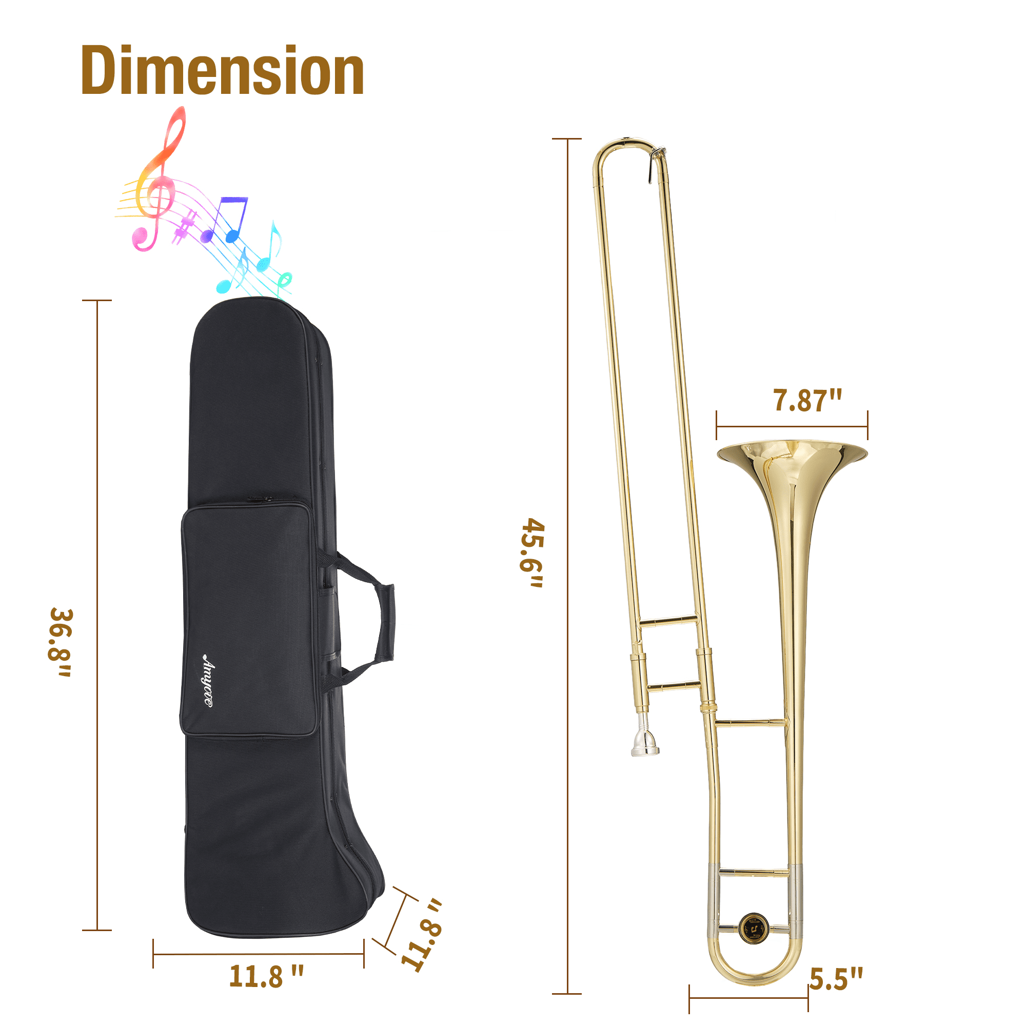 Bb Tenor Slide Trombone, B Flat Brass Plated Trombone Instrument for Students with Tuner, Music Book, Hard Case, Mouthpiece, Cleaning Kit & Gloves (Gold)