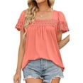 thumbnail image 2 of Pink, Loose-Fitting Casual Tee Women's Lace-Trimmed Short Sleeve Blouse, 2 of 6