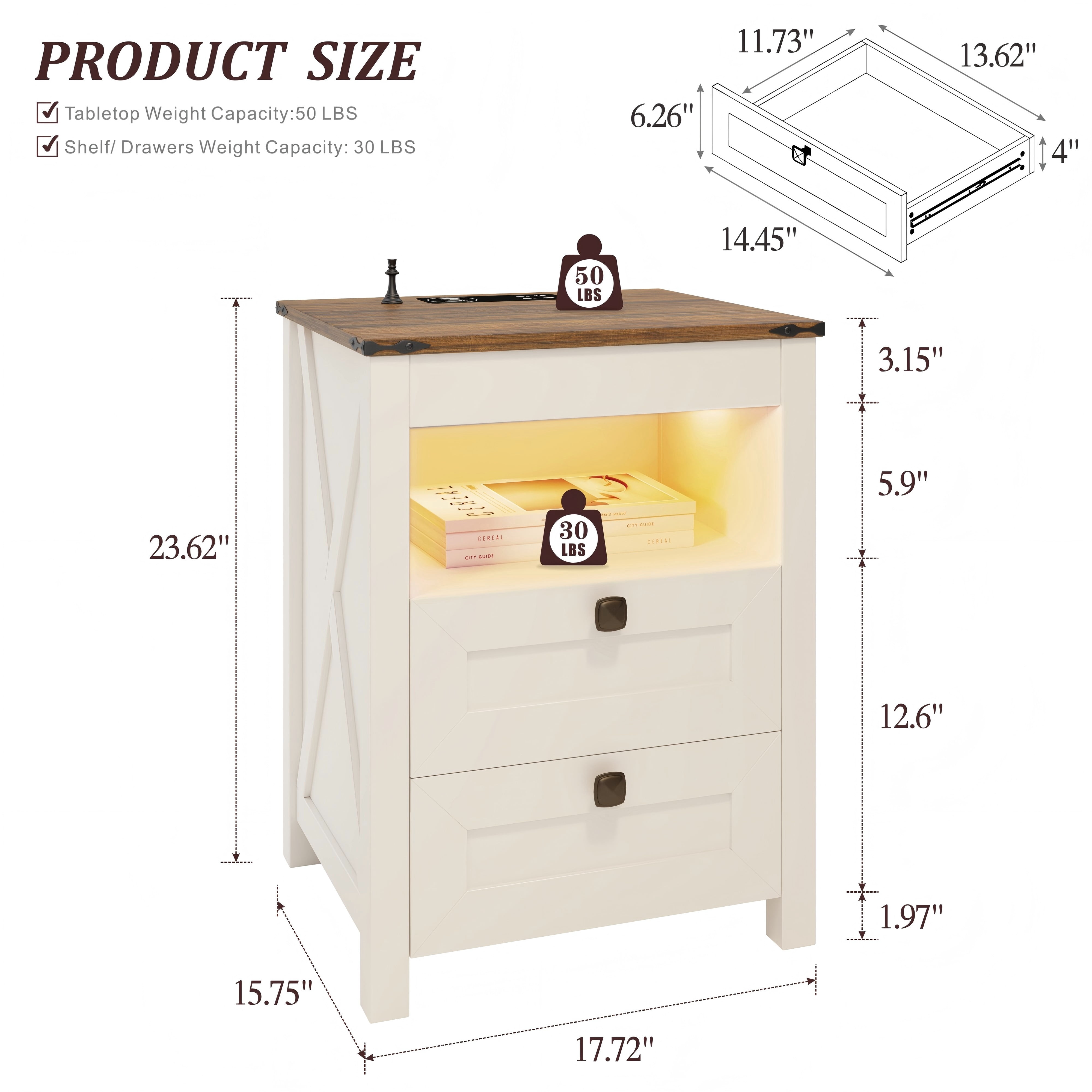 VKCC Rustic 2 Drawers Nightstand with LED Lights & Charging Station, Farmhouse Bedside Table with Open Shelf, White