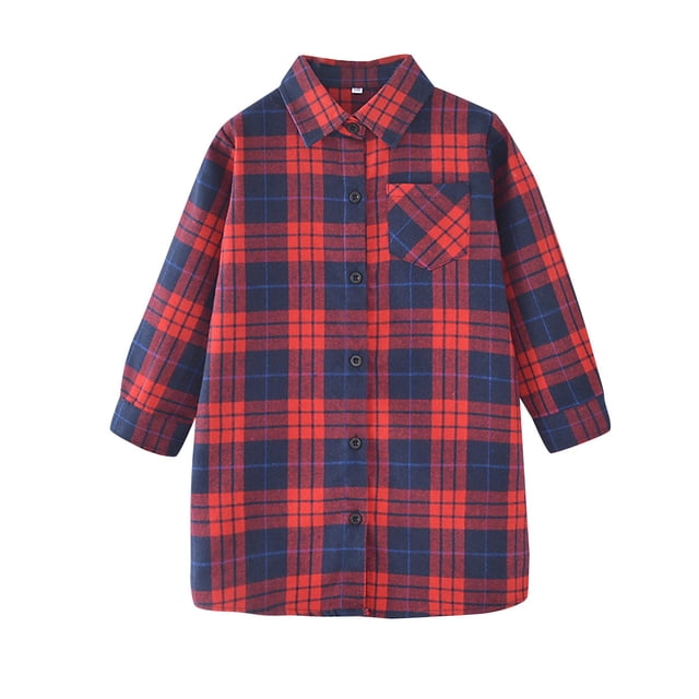 Tee-Shirts pour Fillettes Robe Plissée à Carreaux Mini Robe Boutonnée en Flanelle à Carreaux Manches Longues Robe Décontractée pour 5-6 Ans