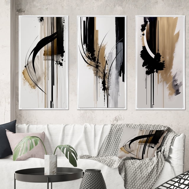 Designart "Expression in Black, White, and Gold I" Abstract Framed Wall Art Set Of 3 - Black Modern Frame Gallery Wall Set For Home Decor