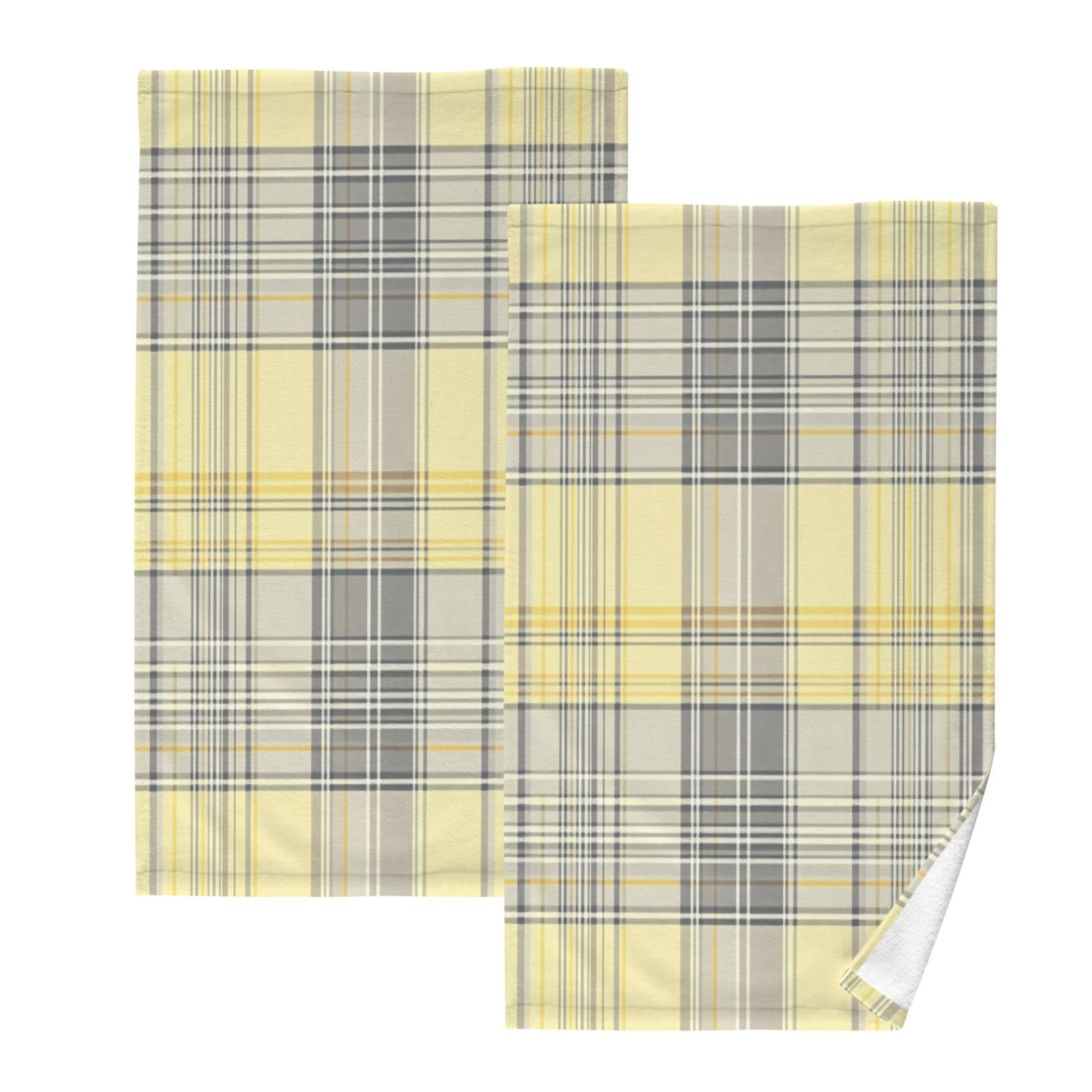 2 Pcs Absorbent Face Towel Bath Hand Towels Soft Breathable Cotton Towel Set for Bathroom Kitchen Hotel Spa Decor Light Yellow and Grey Tartan