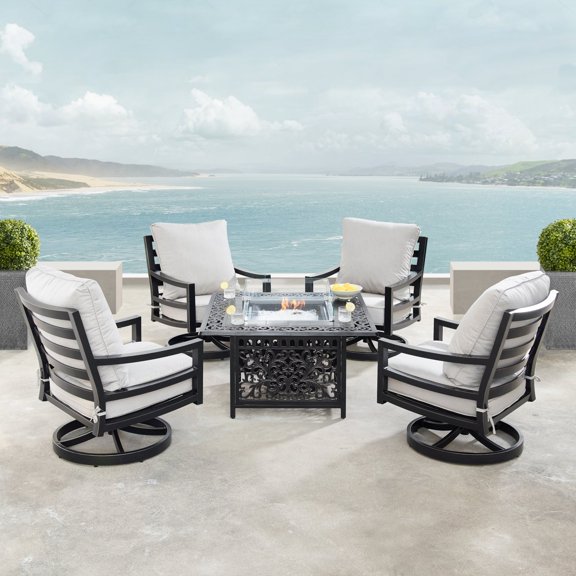 Oakland Living Hudson Mayan Aluminum 5 Piece Propane Fire Pit Chat Set