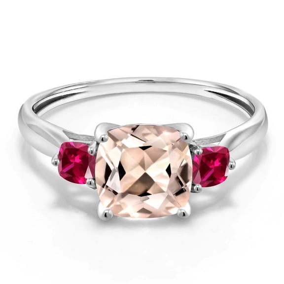 Gem Stone King 10K White Gold Peach Morganite and Red Created Ruby 3 Stone Engagement Ring for Women | 1.60 Cttw | Gemstone Birthstone | Cushion 7MM and 3MM (Size 6)
